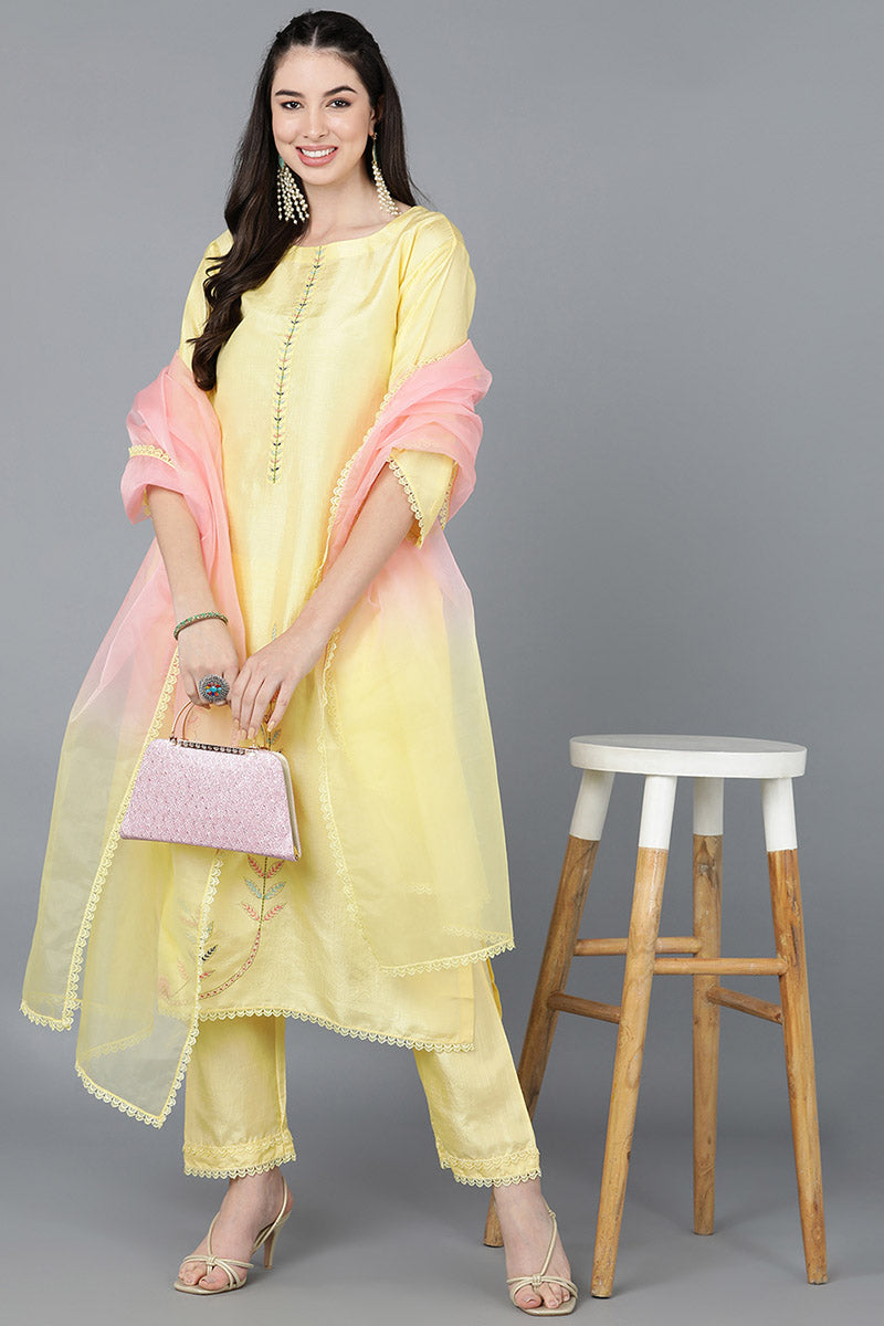 Yellow-Poly-Silk-Straight-3-Piece-Kurta-Set