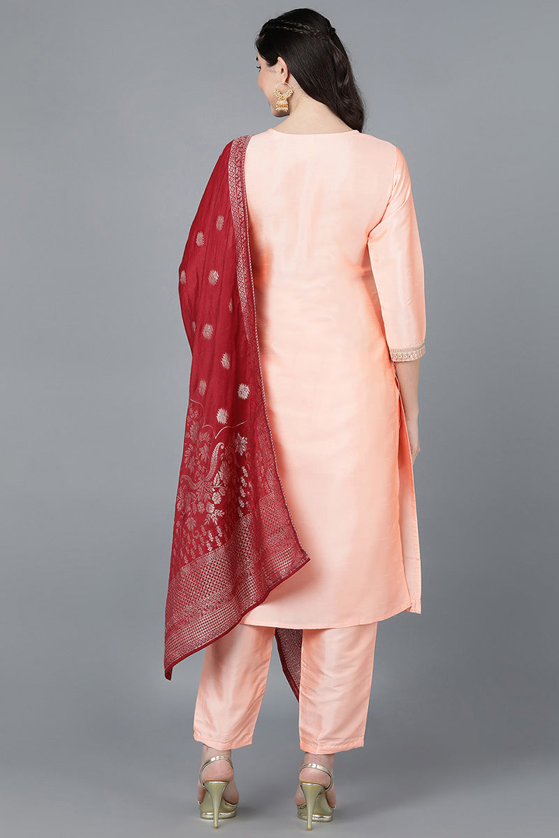 Peach-Poly-Silk-A-Line-3-Piece-Kurta-Set