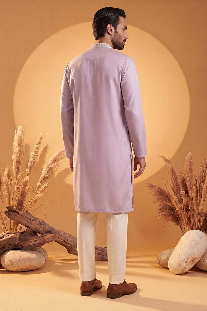 Mens Lavender Silk Blend Solid Embroidered Kurta