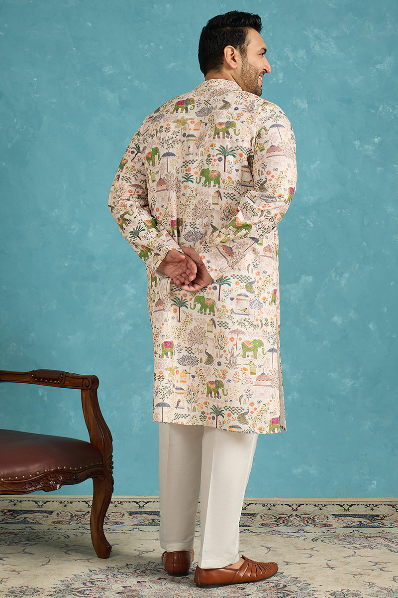 Mens Cream Viscose Rayon Ethnic Motifs Thread Work Printed Kurta