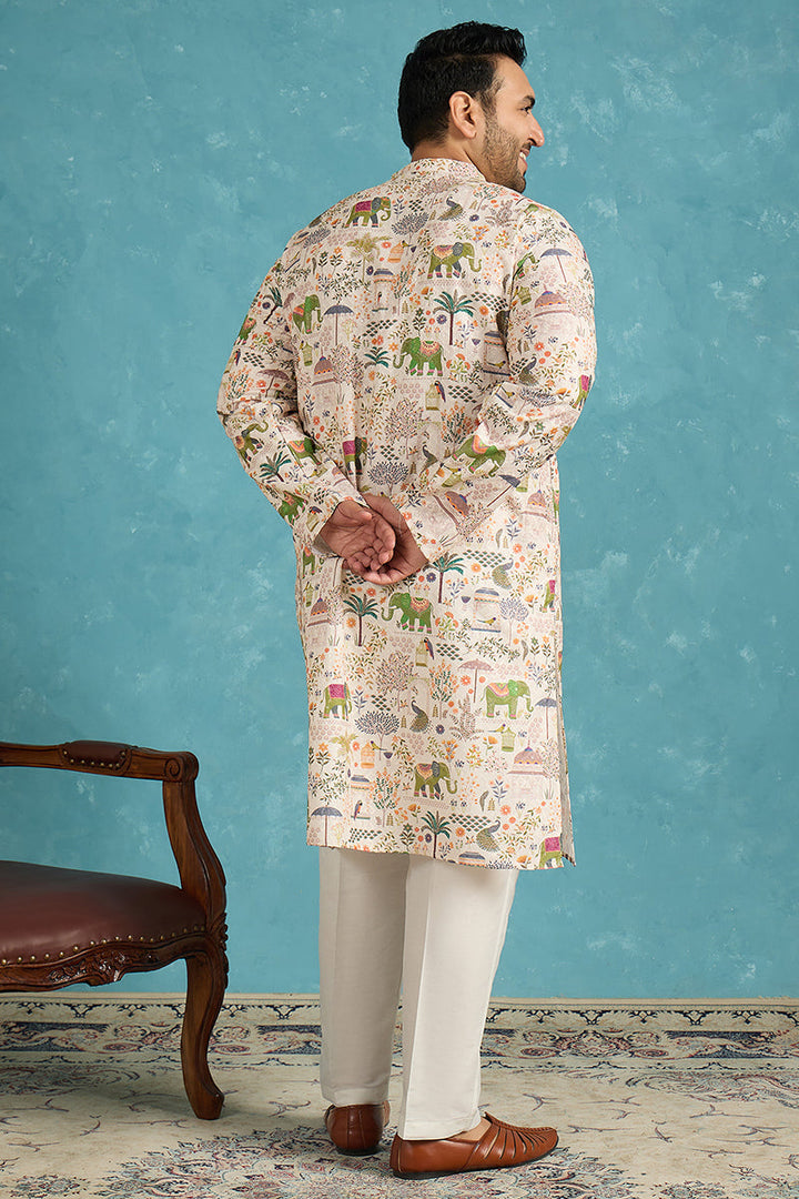 Mens Cream Viscose Rayon Ethnic Motifs Thread Work Printed Kurta
