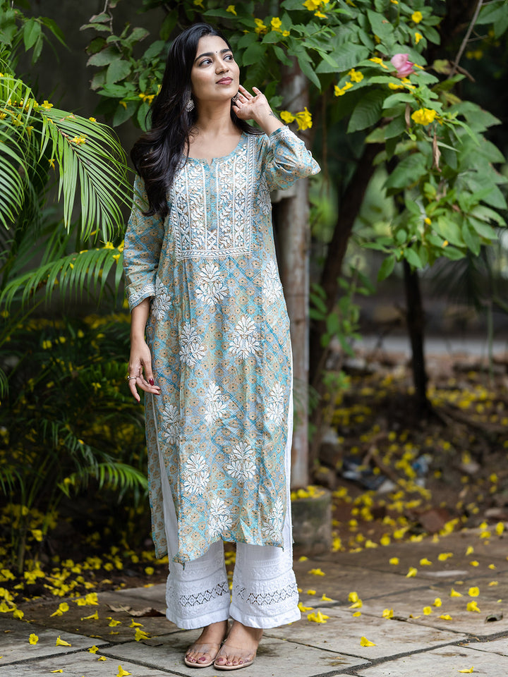 Sea Green & White Mulmul Cotton Embroidery Chikankari Kurta