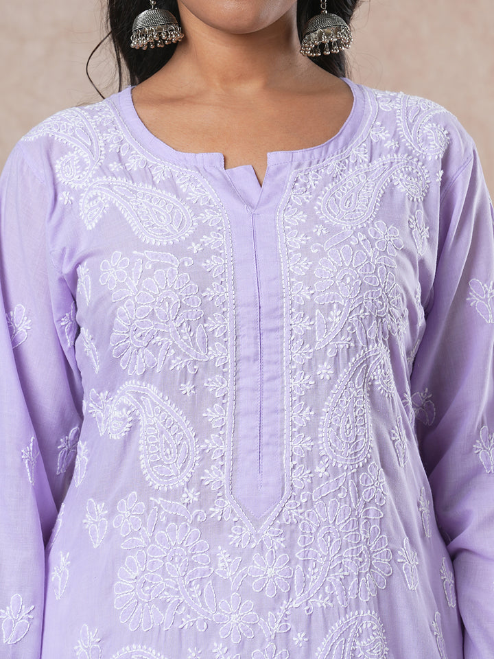Hand Embroidered Lucknowi Chikankari Mauve & White Cotton Kurta