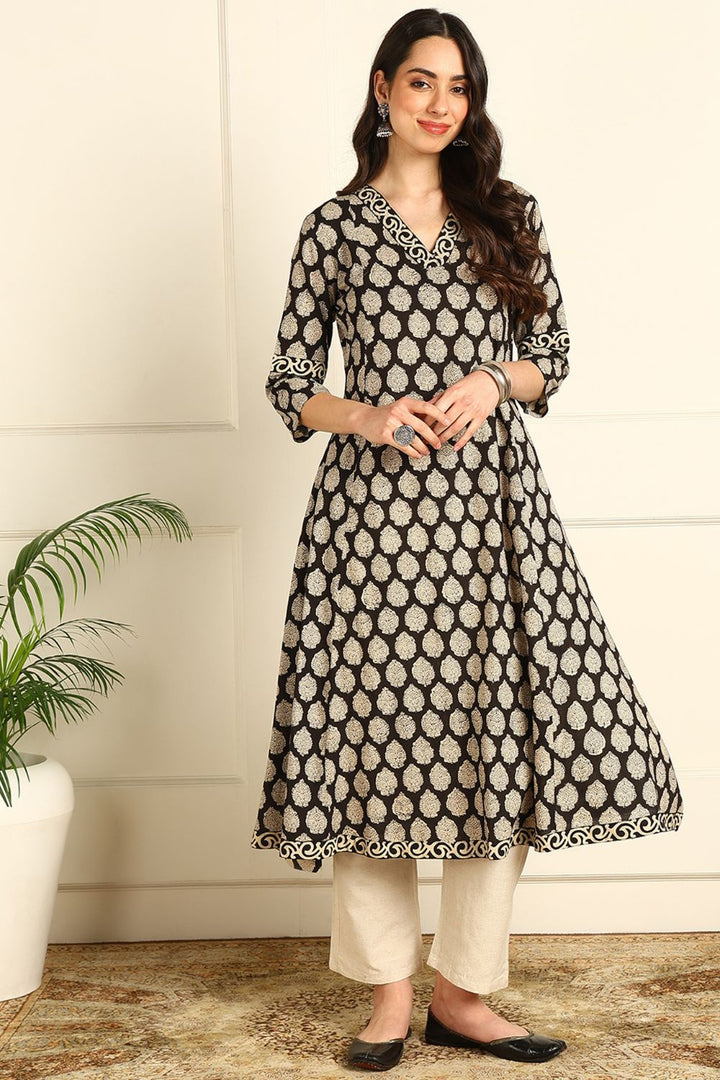 Black-Cotton-Bagru-Hand-Block-Printed-A-Line-Kurta