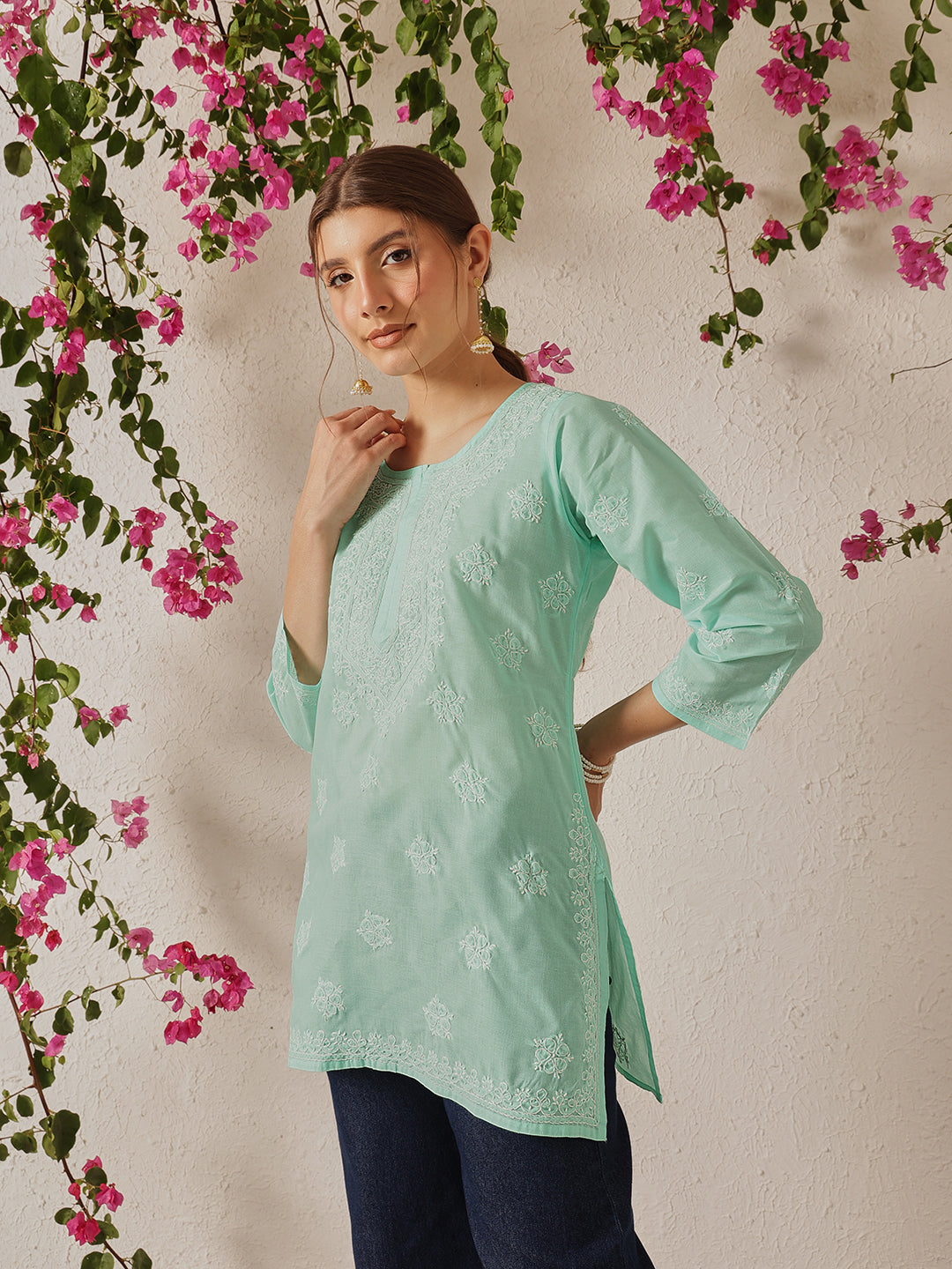Sea Green Cotton Chikankari Tunic Kurti