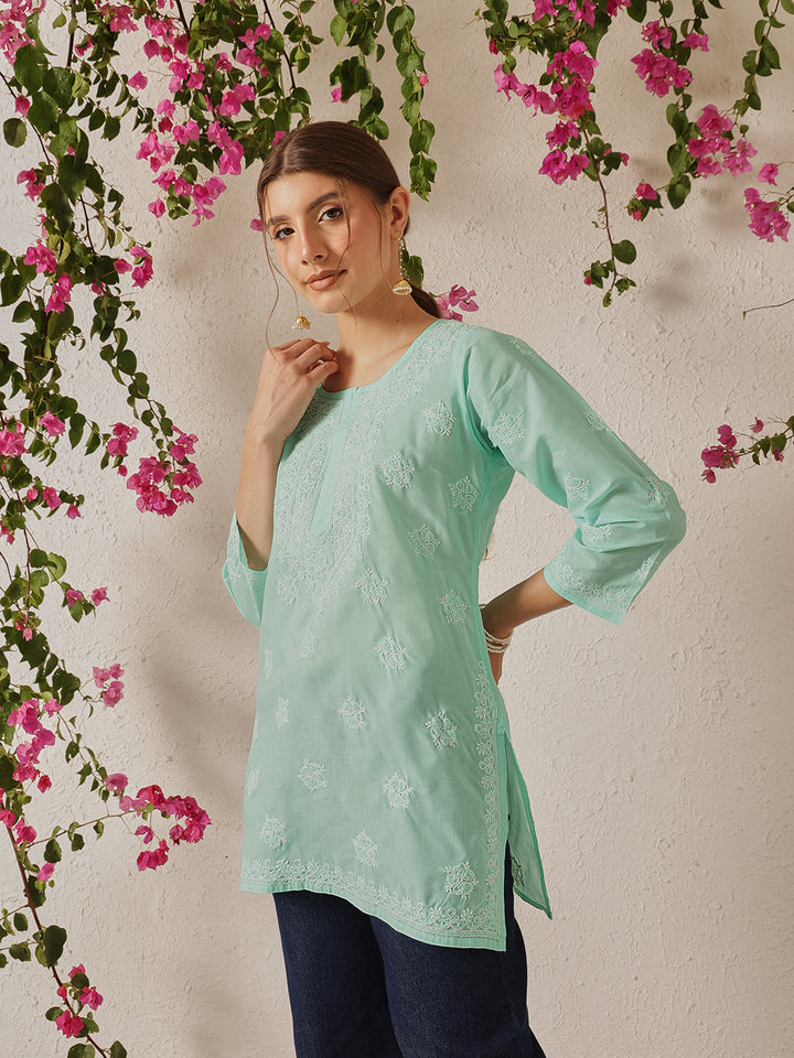 Sea Green Cotton Chikankari Tunic Kurti