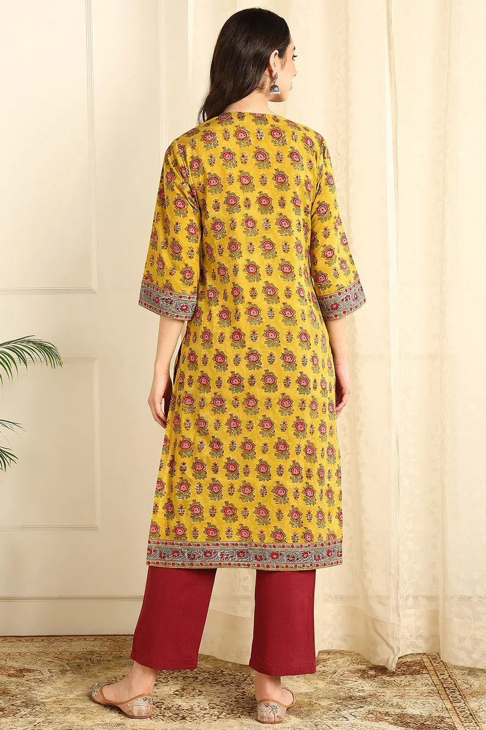 Mustard-Yellow-Cotton-Straight-Sanganeri-Kurta