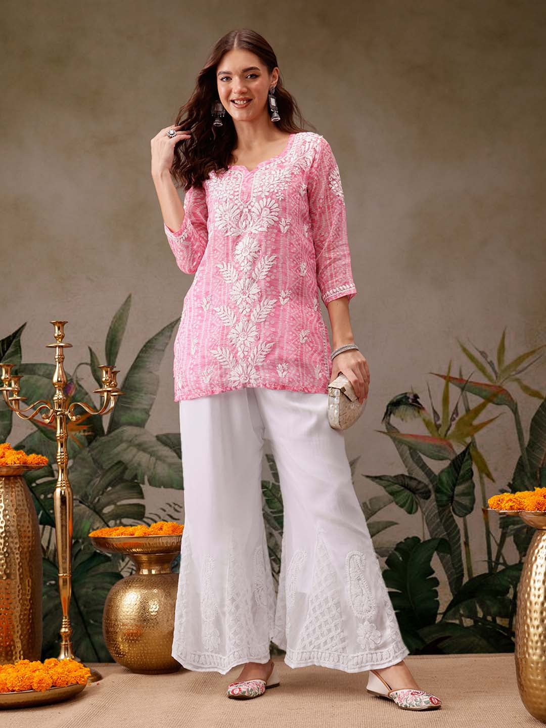 White Georgette Flared Chikankari Embroidered Palazzo