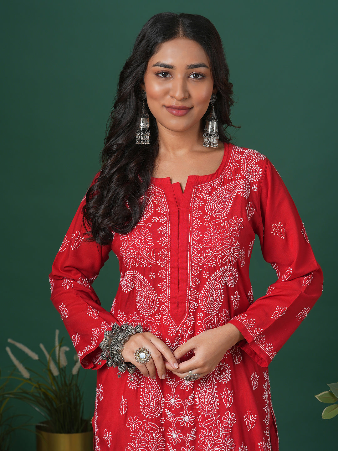 Hand Embroidered Lucknowi Chikankari Red &amp; White Cotton Kurta
