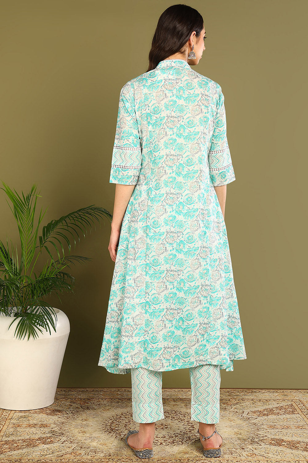 Green-Cotton-Printed-A-Line-Sanganeri-Kurta