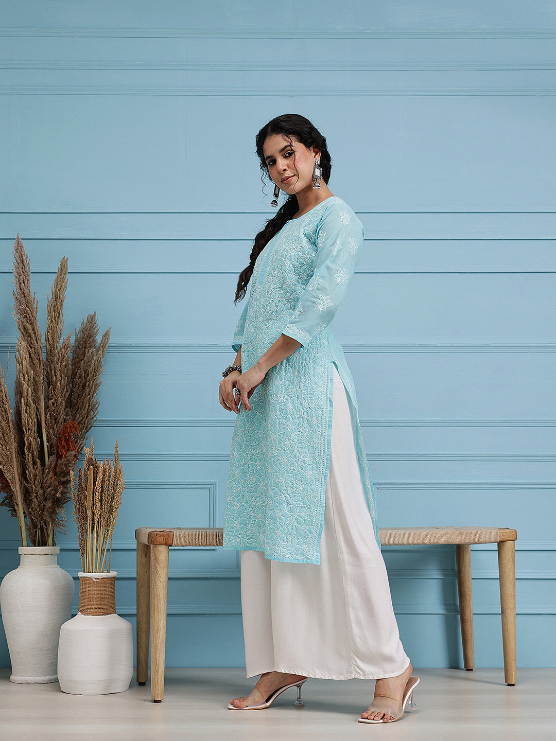 Hand Embroidered Blue Chikankari Kurta