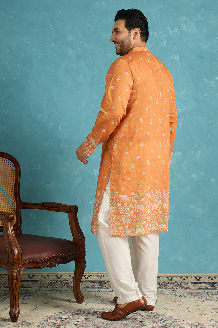 Mens Orange Silk Blend Floral Sequins Printed Kurta