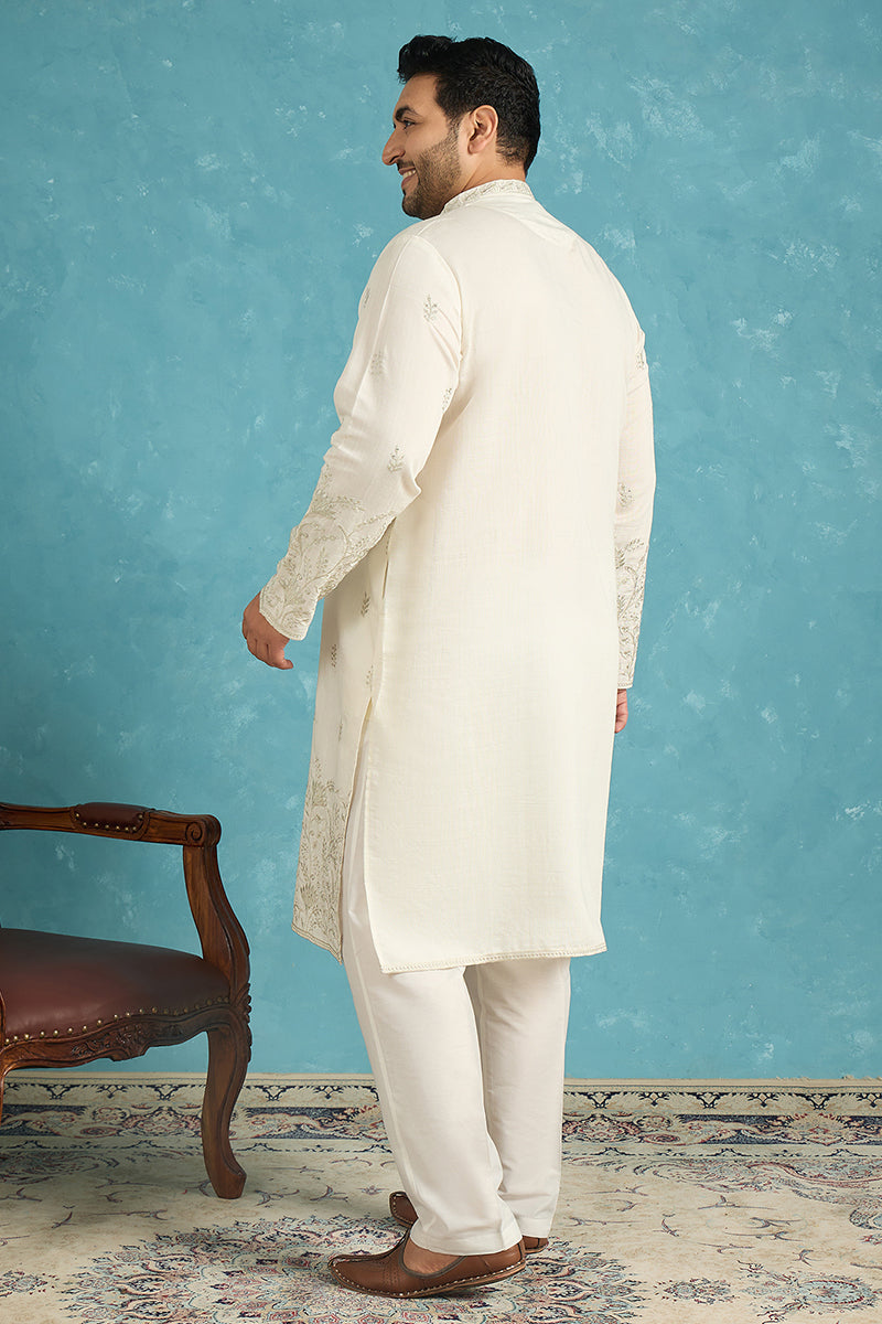 Mens White Silk Blend Floral Thread Work Embroidered Kurta