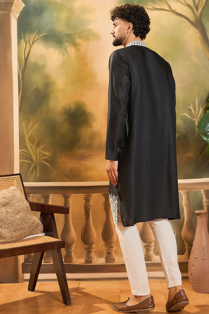 Mens Black Silk Blend Solid Embroidered Straight Kurta