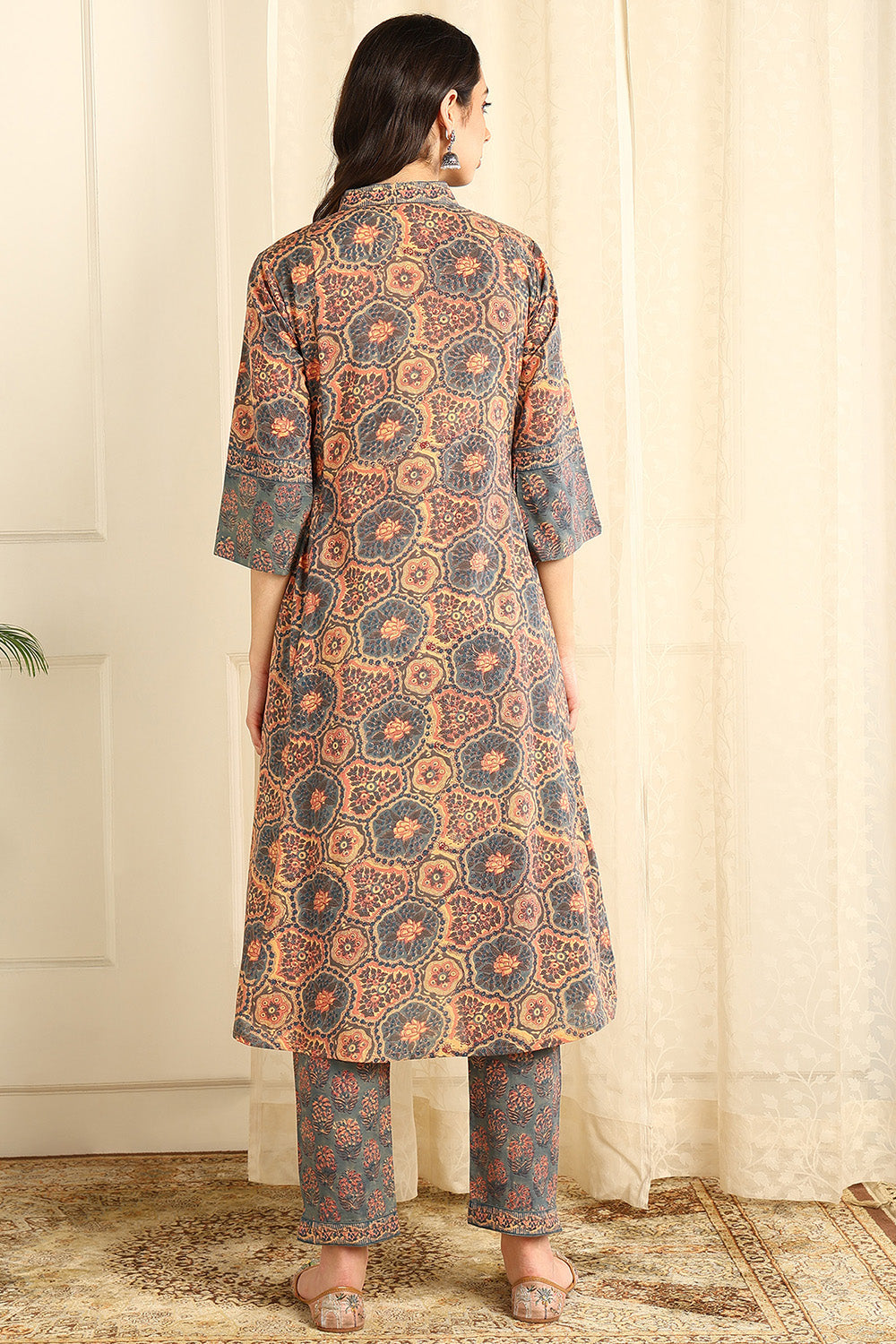 Powder-Blue-&-Beige-Cotton-A-Line-Kurta