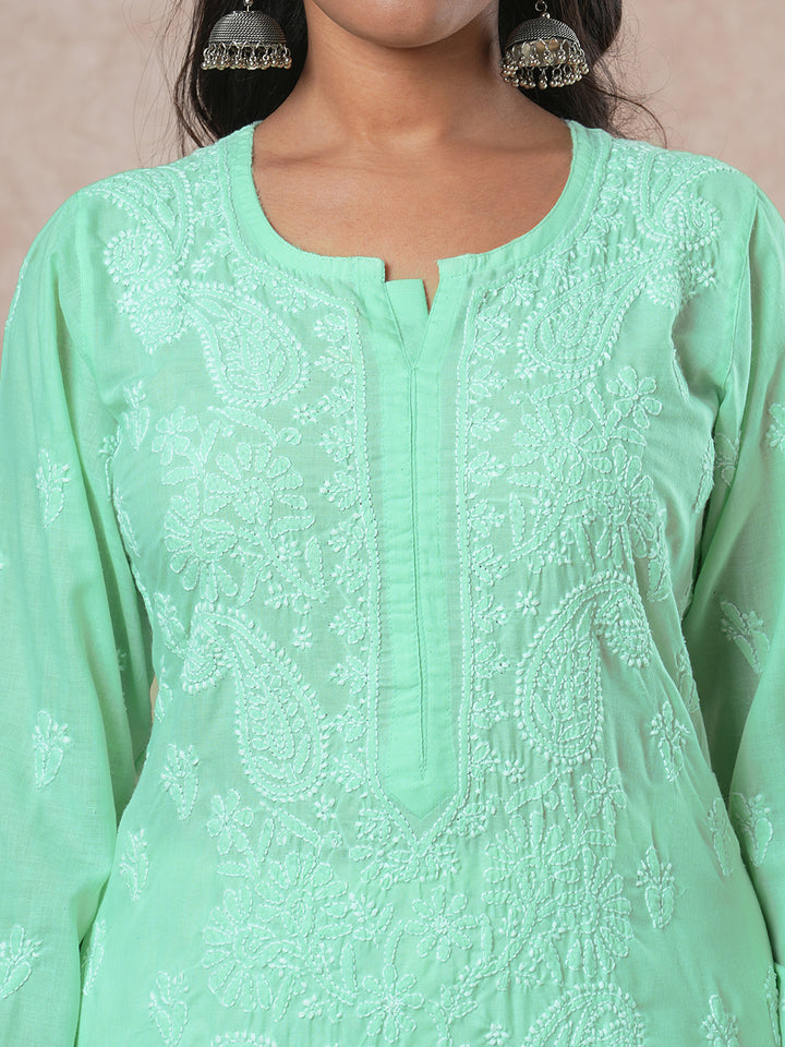 Hand Embroidered Lucknowi Chikankari Green & White Cotton Kurta