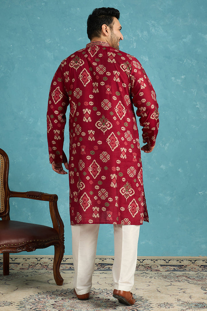 Mens Red Silk Blend Abstract Printed Kurta