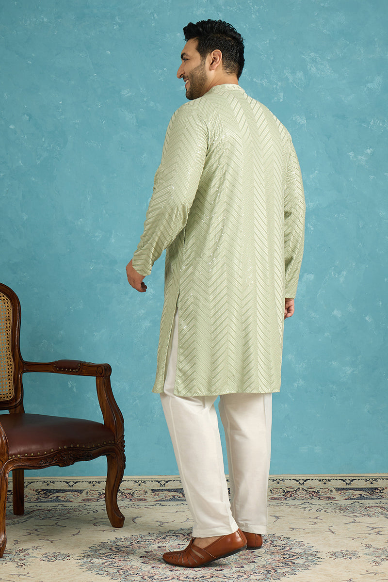 Mens Green Viscose Rayon Solid Chikankari Embroidered Kurta