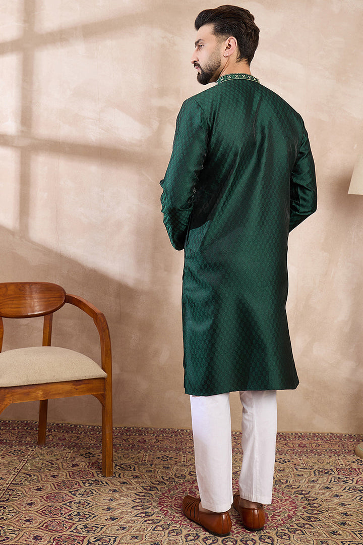 Mens Green Silk Blend Solid Woven Design Straight Kurta