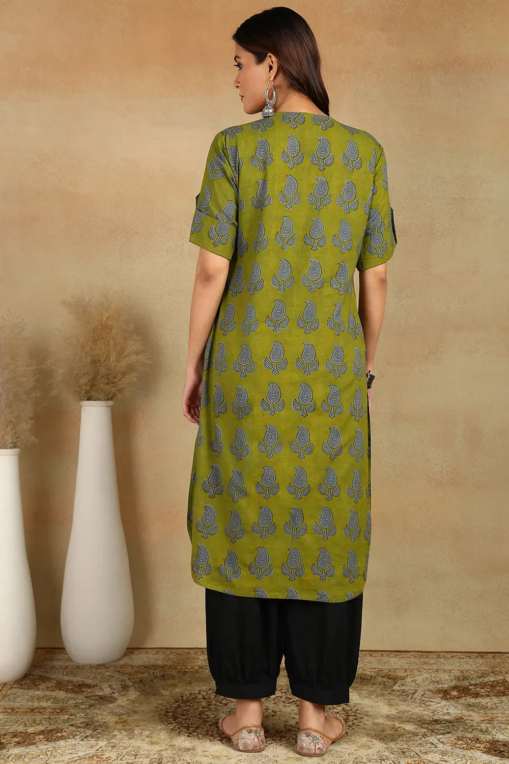 Bottle-Green-Cotton-Hand-Block-Printed-Bagru--Kurta