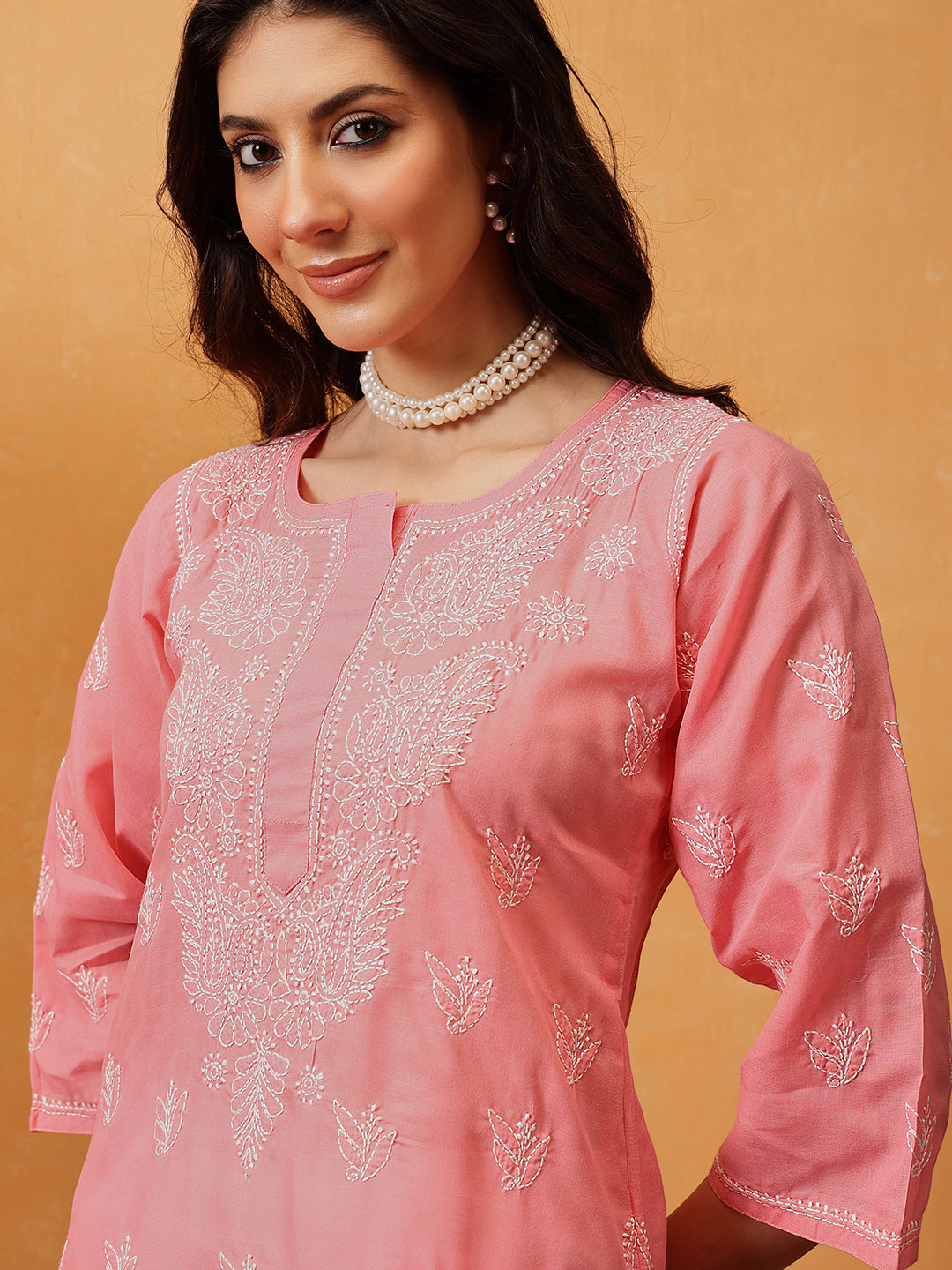 Hand Embroidered Peach Chikankari Kurta