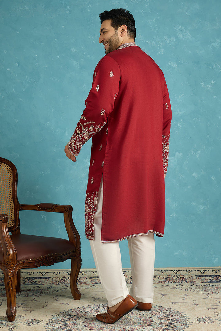 Mens Maroon Silk Blend Solid Thread Work Embroidered Kurta