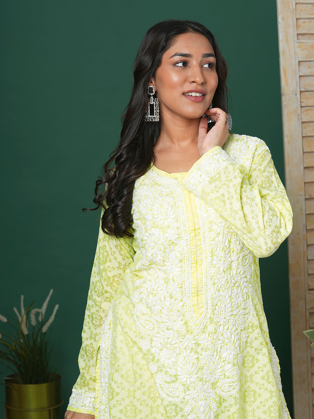 Lemon Yellow & White Embroidered Chikankari Cotton Kurta