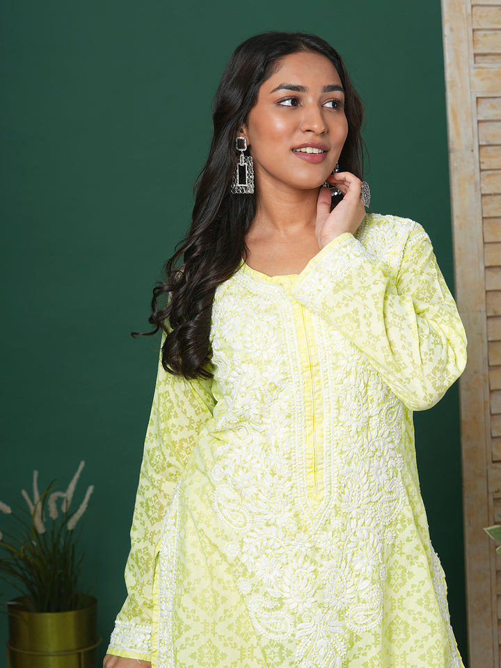 Lemon Yellow & White Embroidered Chikankari Cotton Kurta