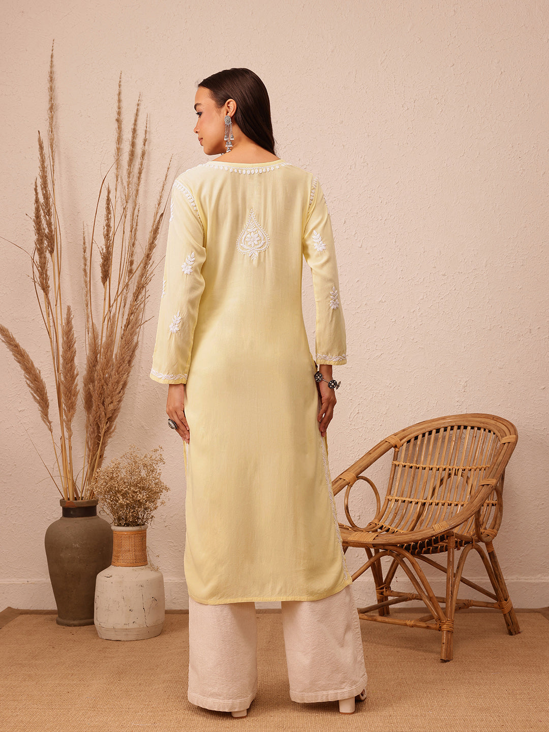 Yellow & White Rayon Embroidered Chikankari Kurta