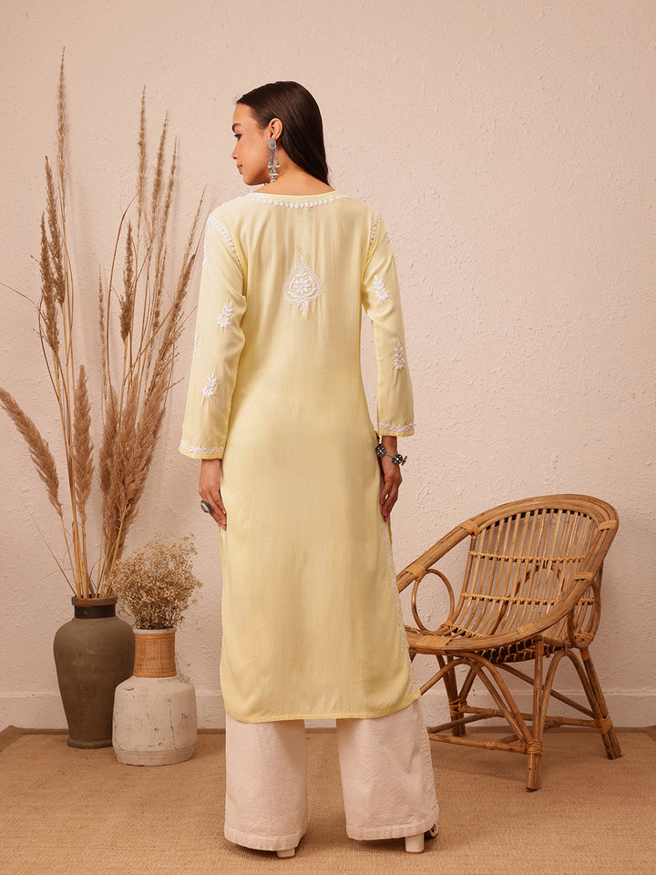 Yellow & White Rayon Embroidered Chikankari Kurta