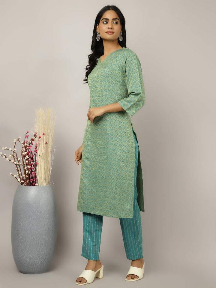 Sea-Green-Cotton-Blend-Self-Design-Festive-3-Piece-Kurta-Set