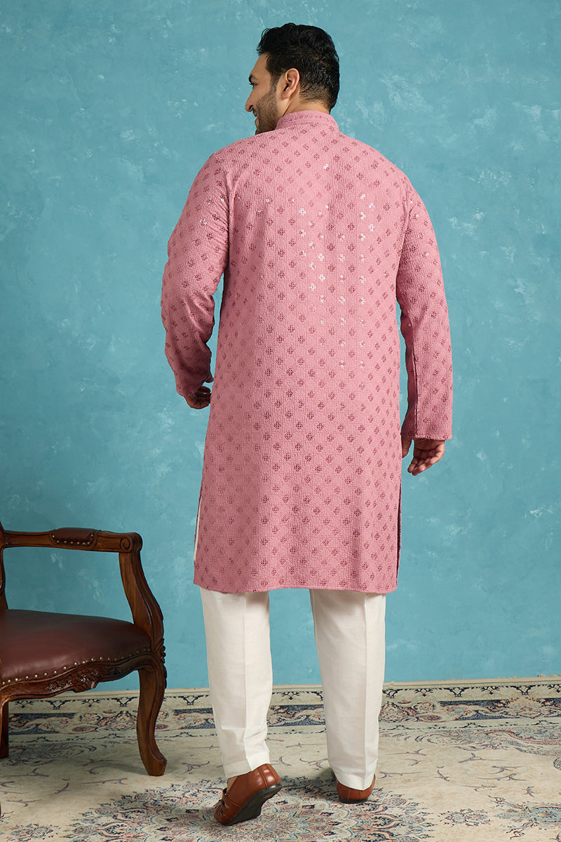 Mens Mauve Viscose Rayon Solid Chikankari Embroidered Kurta