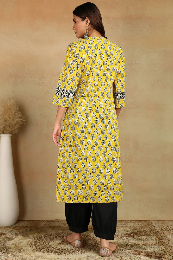 Yellow-Cotton-Hand-Block-Printed-Straight-Bagru-Kurta