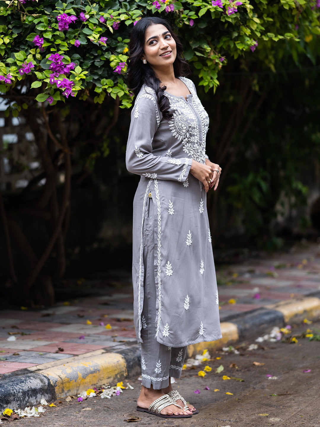 Grey Rayon Chikankari Motif 2-Piece Kurta Set