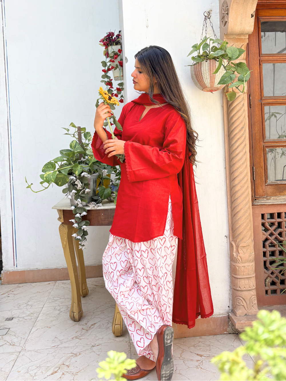 Red Short Kurta &amp; Farshi Shalwar Set