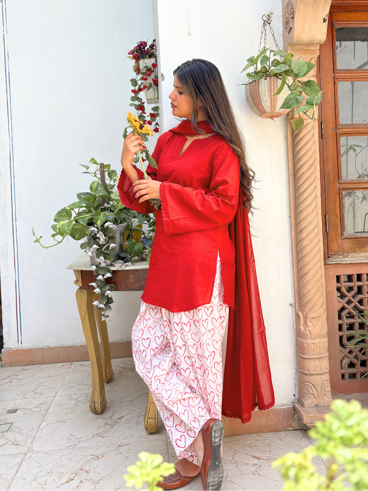 Red Short Kurta &amp; Farshi Shalwar Set