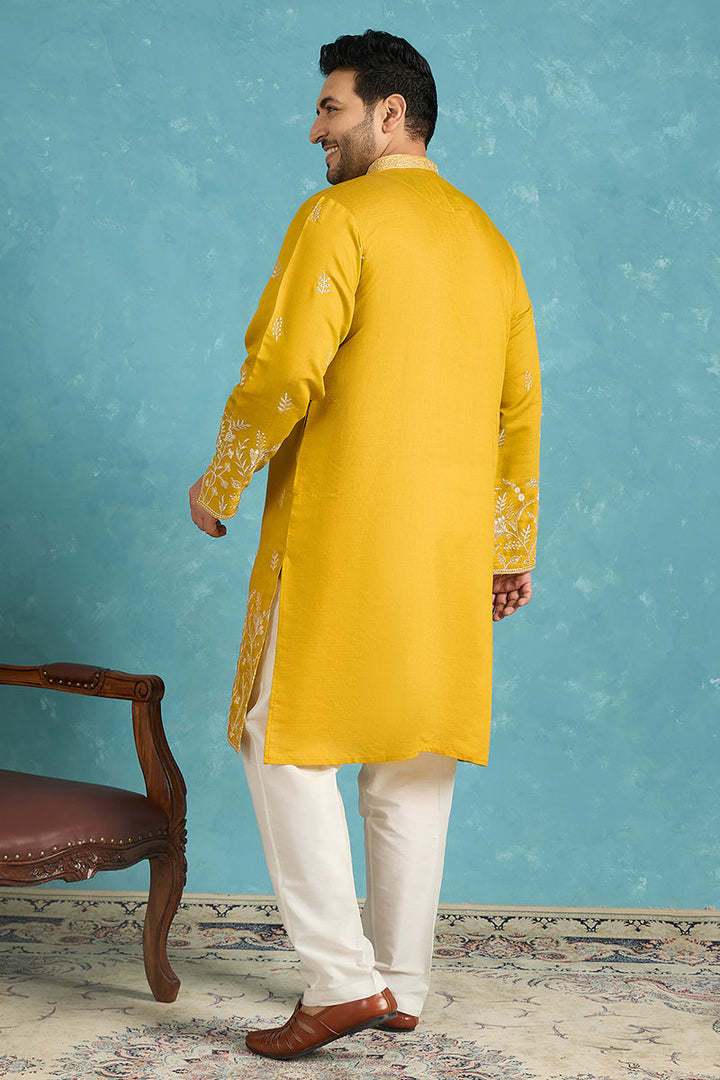 Mens Yellow Silk Blend Solid Thread Work Embroidered Kurta