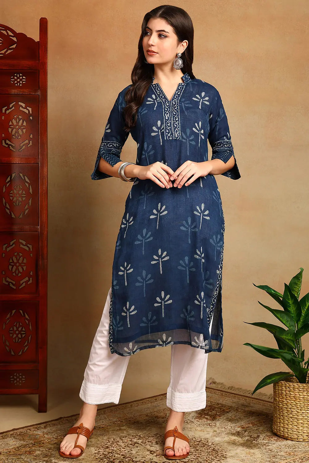 Indigo-Blue-Kota-Doria-Hand-Block-Printed-Kurta