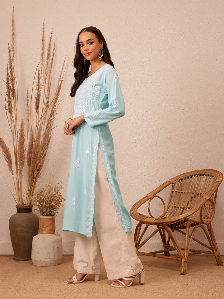 Sky Blue Rayon Chikankari Motif Straight Kurta