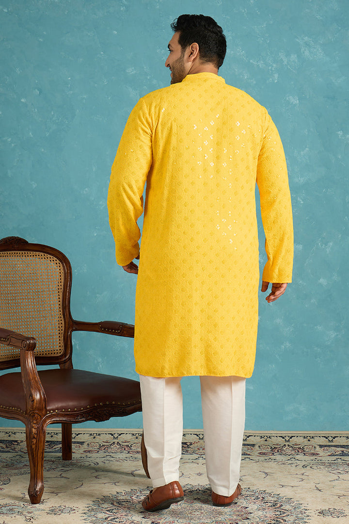 Mens Mustard Viscose Rayon Solid Chikankari Embroidered Kurta