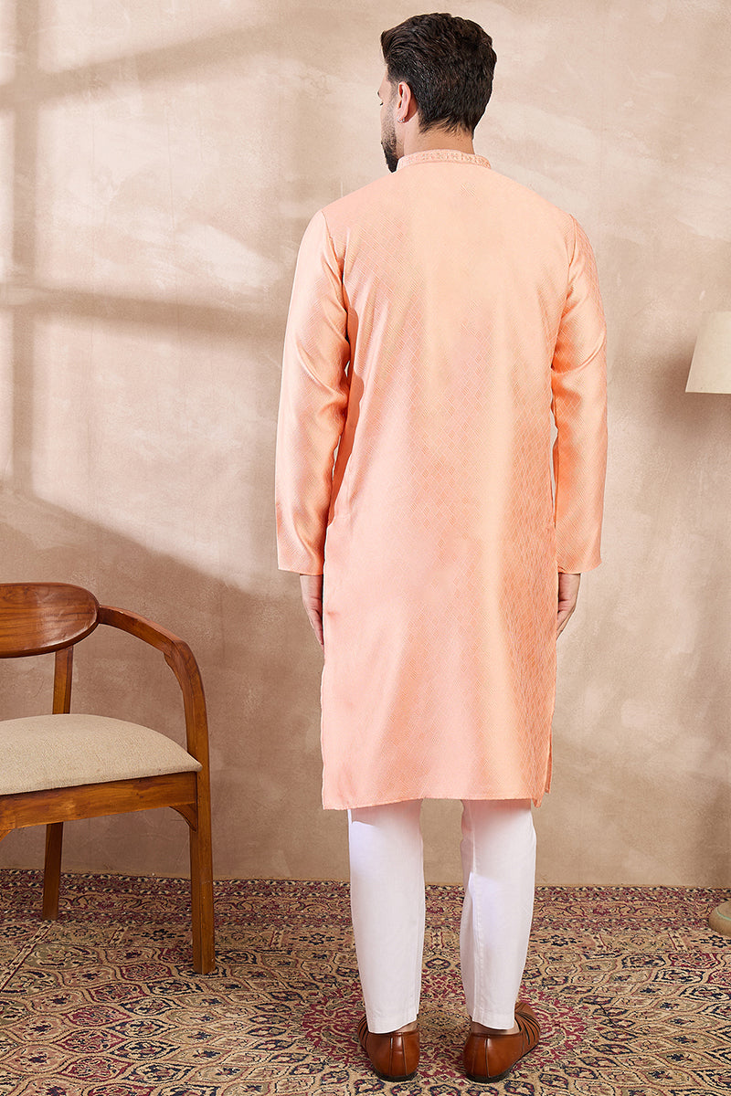 Mens Peach Silk Blend Solid Embroidered Straight Kurta