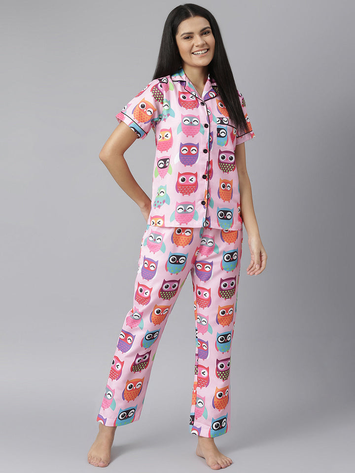 Pink Owl Digital Print Night Suit Set