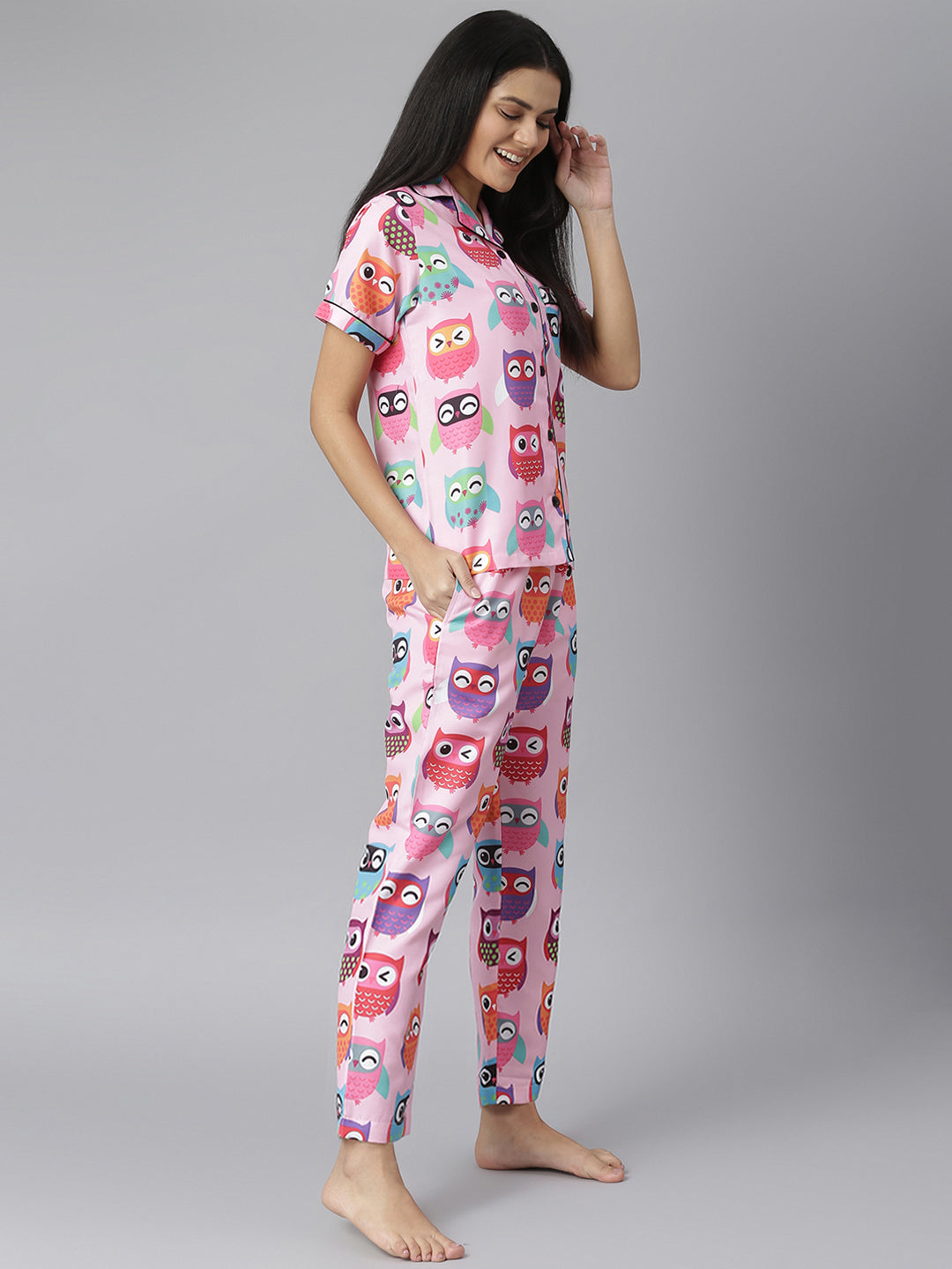 Pink Owl Digital Print Night Suit Set