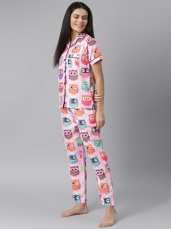 Pink Owl Digital Print Night Suit Set