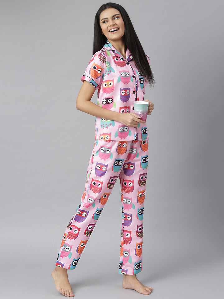 Pink Owl Digital Print Night Suit Set