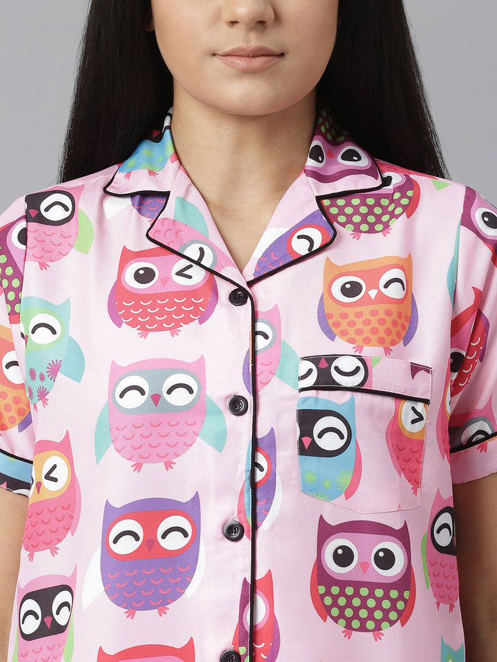 Pink Owl Digital Print Night Suit Set