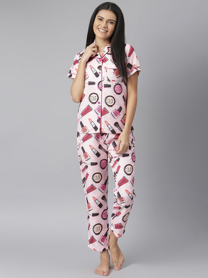 Pink Makeup Digital Printed Night Suit Set