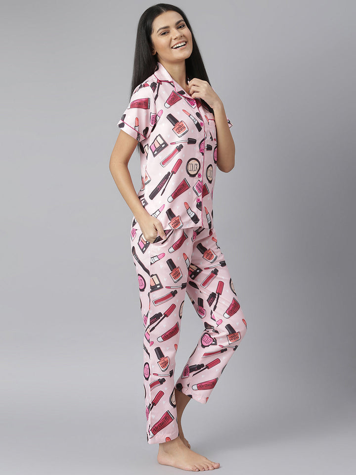 Pink Makeup Digital Printed Night Suit Set