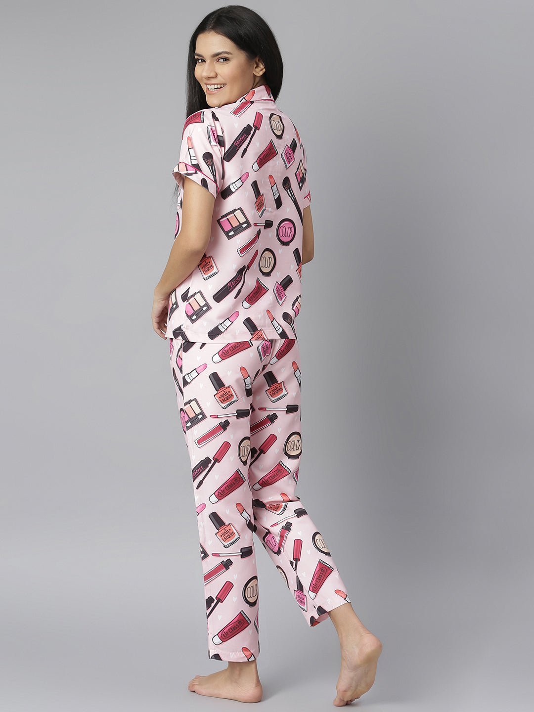 Pink Makeup Digital Printed Night Suit Set