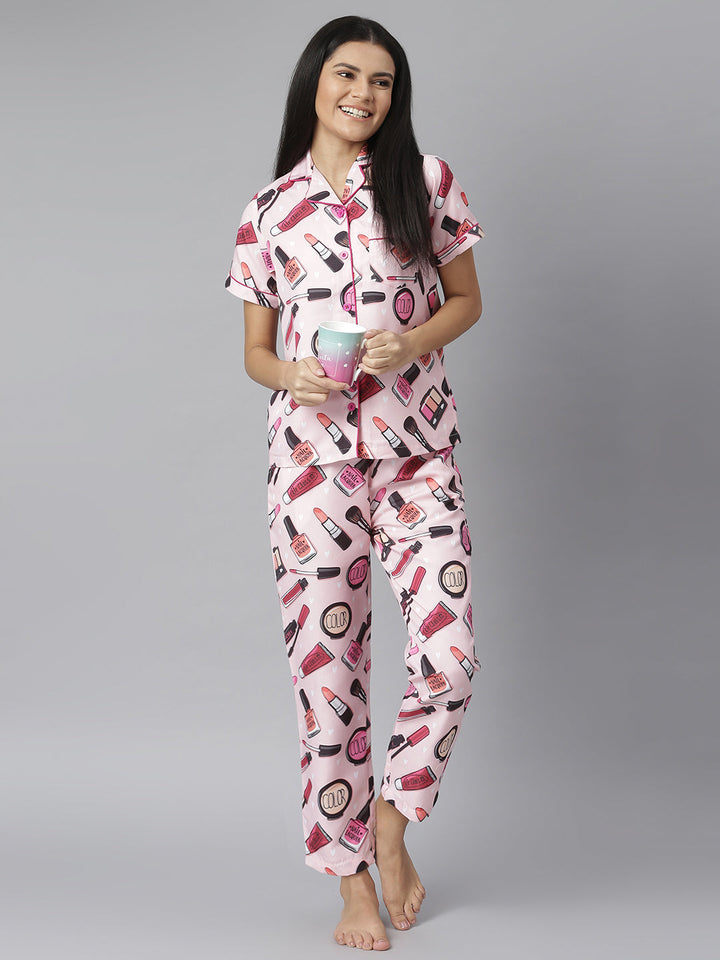 Pink Makeup Digital Printed Night Suit Set